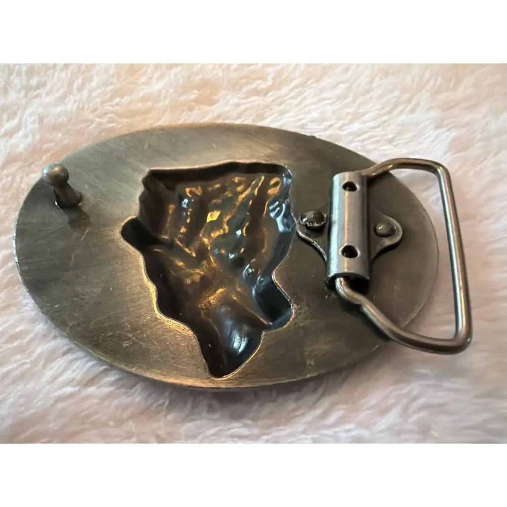 Vintage Western Horse Head Belt Buckle Black Enamel Green Feather Silver Tone
